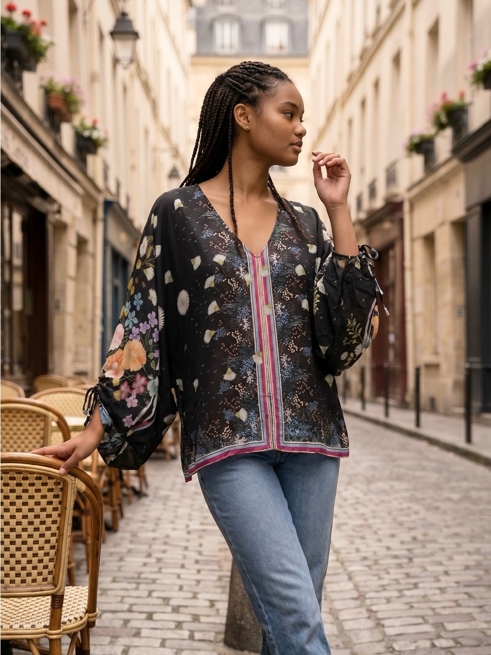 Johnny Was 100% Silk Floral BLK Bohemian Tunic Tassel Sleeve V-Neck Size M